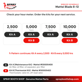 Mattei Blade 8-12 and RVD 7-11 service schedule: Kit A every 2,500 hours, Kit B every 5,000 hours